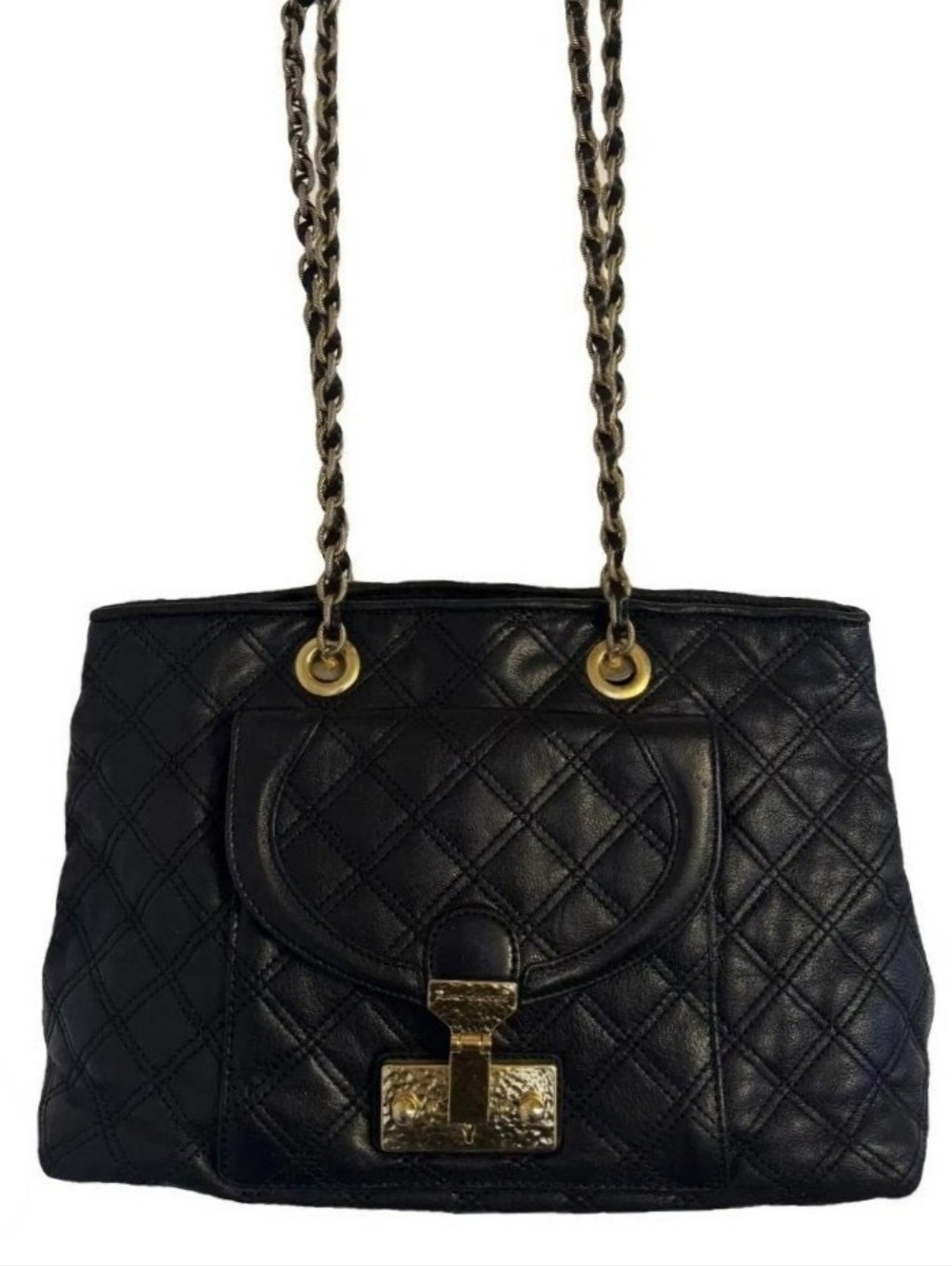 Marc Jacobs Black Quilted Leather Bag Astor, Gold Hardware, Locking Front W/Key